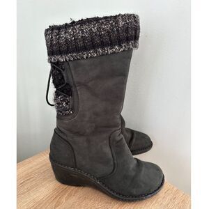 Ugg Skylar Wedge Boots Black Leather Knit Cuff Mid Calf Winter Casual size 8